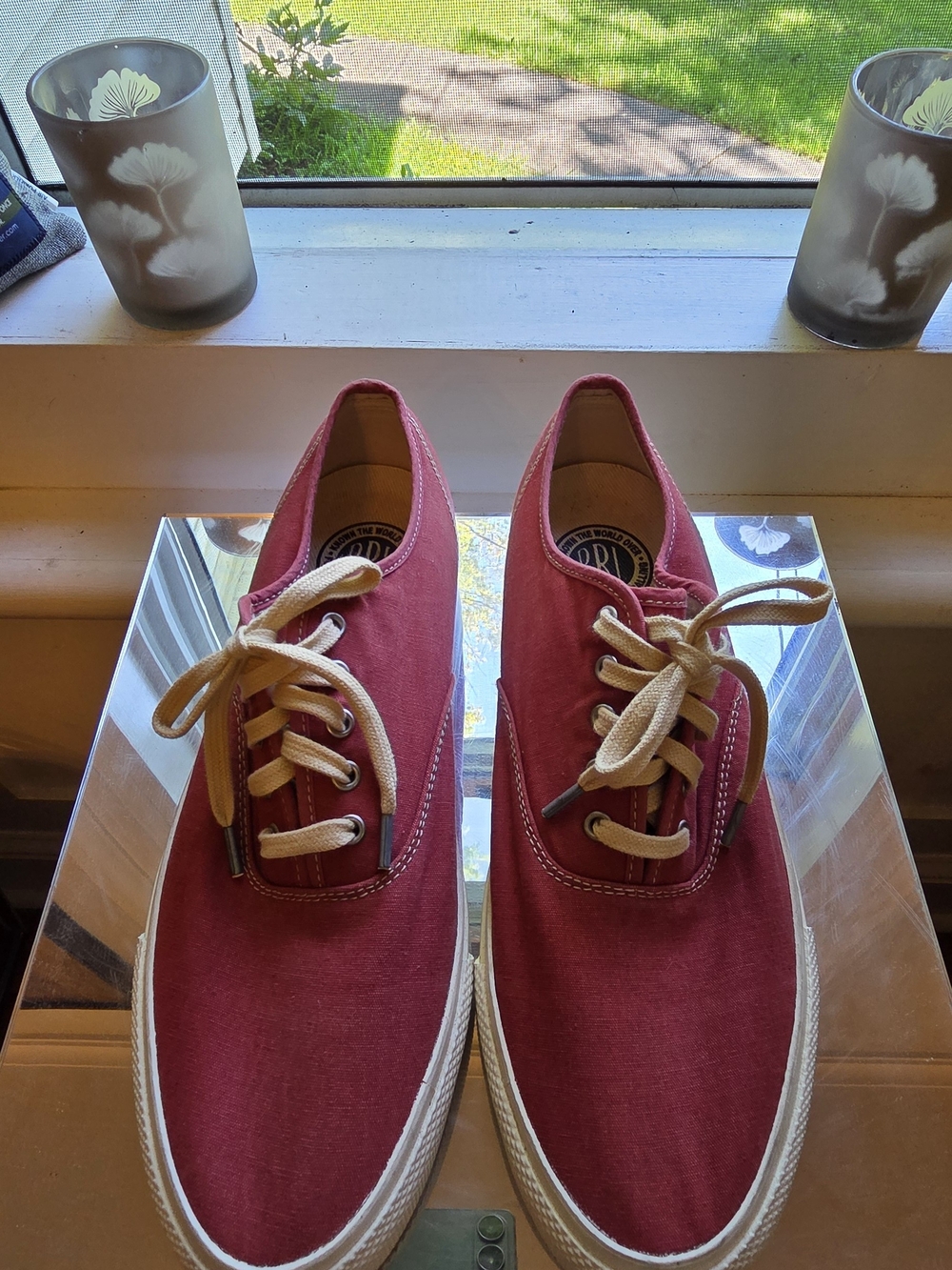 Ralph Lauren Double RL Burgundy Canvas Boat Shoes with Cream Laces Size 10